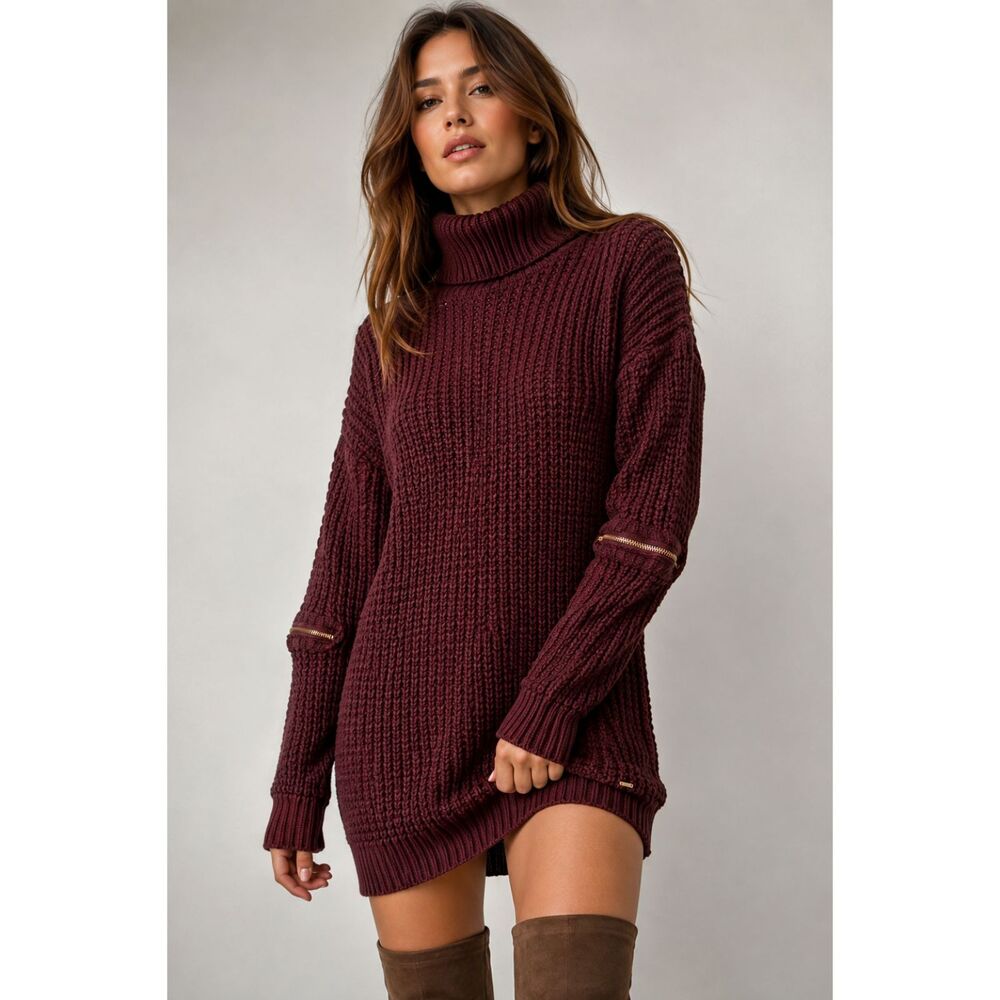 Guess Women's Brown Chunky Knit Turtleneck Sweater Dress Size M Zip Sleeve